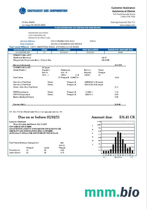 USA Nevada Southwest Gas Corporation rachunek za usługi komunalne szablon w formacie Word i PDF